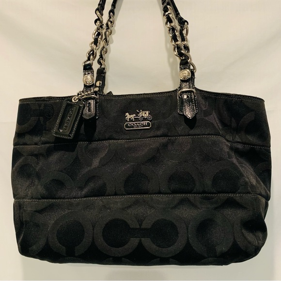 Coach Black Madison Logo Bag Sateen Patent Handles 14133 - Picture 1 of 6